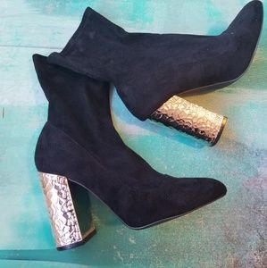 Ankle sock booties black suade metallic heel 7
